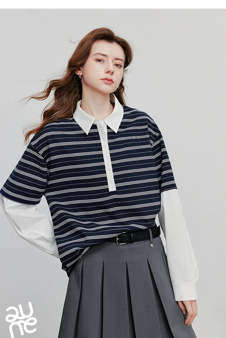 TOYOUTH Women Hoodies Sweatshirt 2025 Autumn New Spliced Fake Two Piece Polo Collar Striped Casual Pullover Tops