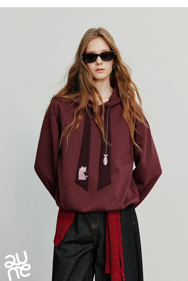 TOYOUTH Women Hoodies Sweatshirt 2025 Autumn New College Style Cat Embroidery Tie Cotton Hooded Pullover Tops