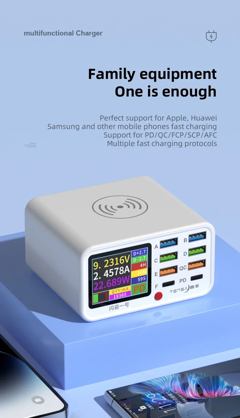 Multi-function Dianba NO.1 Pro 200W 20V 5A PD QC3.0 Fast Wireless Charger 8 Port USB Type C Mobile Phone Charger Desktop Hub