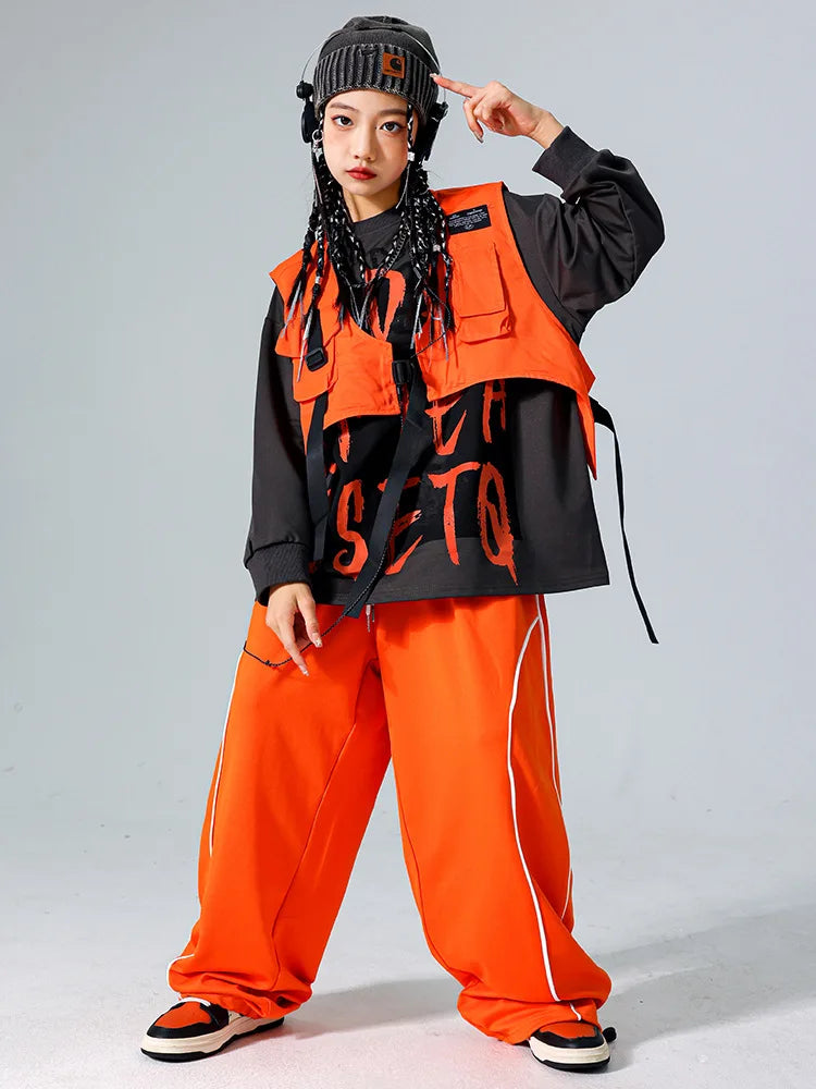 Boys Hip Hop Cool Sweatshirt Vest Cargo Pants Girls Fashion Jazz Street Dance Costume Children Clothes Set Kids K-pop Streetwear