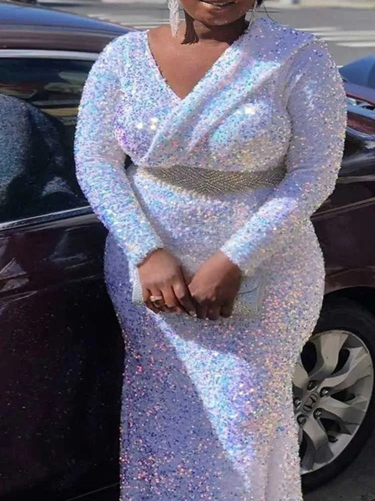 Woman Clothts Long Sleeve Maxi Dress High Waist New Year Luxury Sequined Party Sparkly Dresses V Neck Elegant Evening Dresses