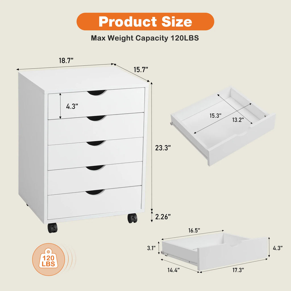 JHK Wood Nightstand Cabinet 5 Drawers Waterproof Surface Storage