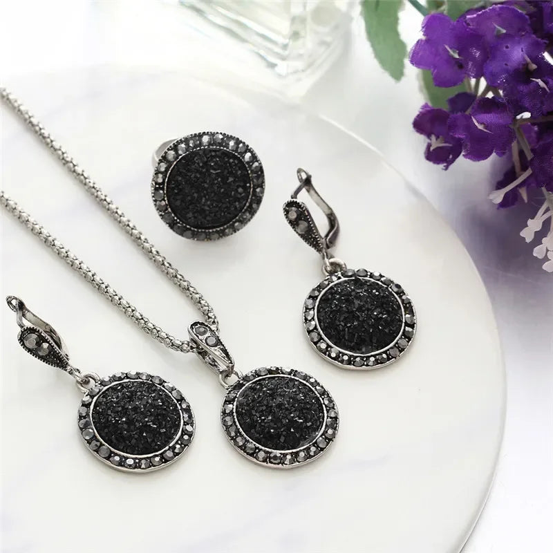 Fashion Black Ring Necklace Earrings Set Sparkling Charm Crystal
