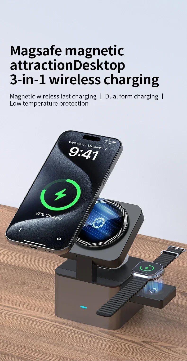 ice-Cooling For Magsafe Wireless Charger Station Stand For iPone 16~12 Pro Max/iWatch 10~2 SE/AirPods 4 Pro 3 in 1 Fast Charging