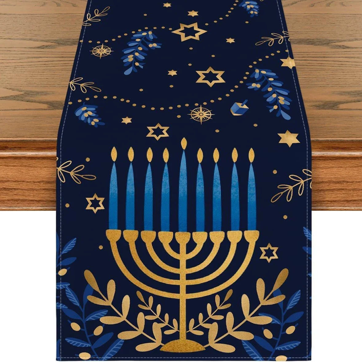 Menorah Hexagram Dreidel Hanukkah Table Runner, Chanukah Holiday Kitchen Dining Table Decoration for Home Party Decor