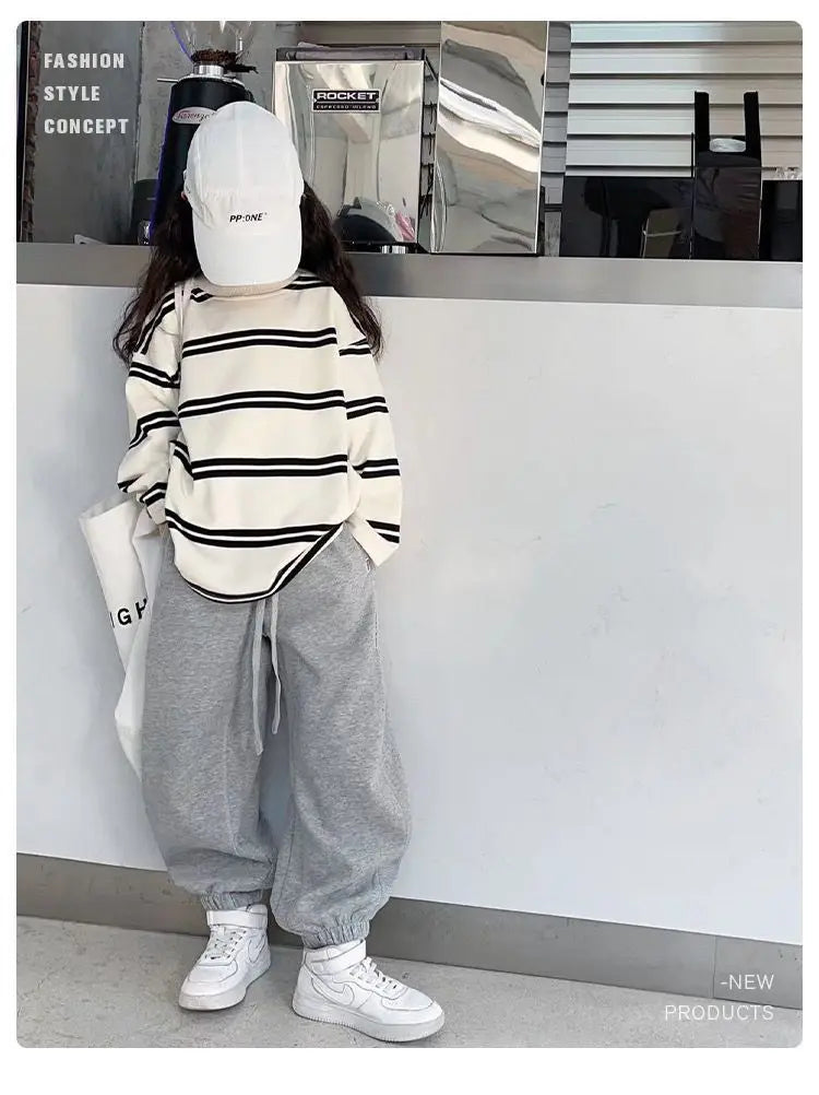 Spring Autumn Girls Cotton Contrast Striped Workout Sweatshirt+Sweatpant Sets School Kids Tracksuit Child Jogging Outfit 5-16Yrs