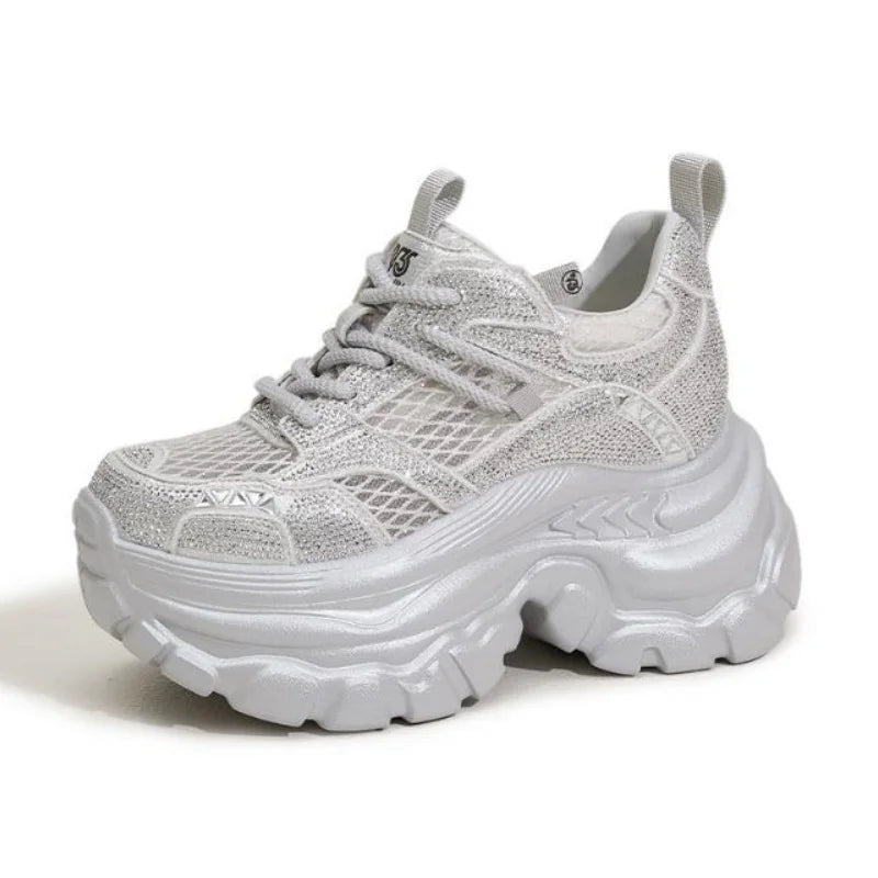 9CM Cow Genuine Leather Autumn Women Chunky Sneakers Sequin