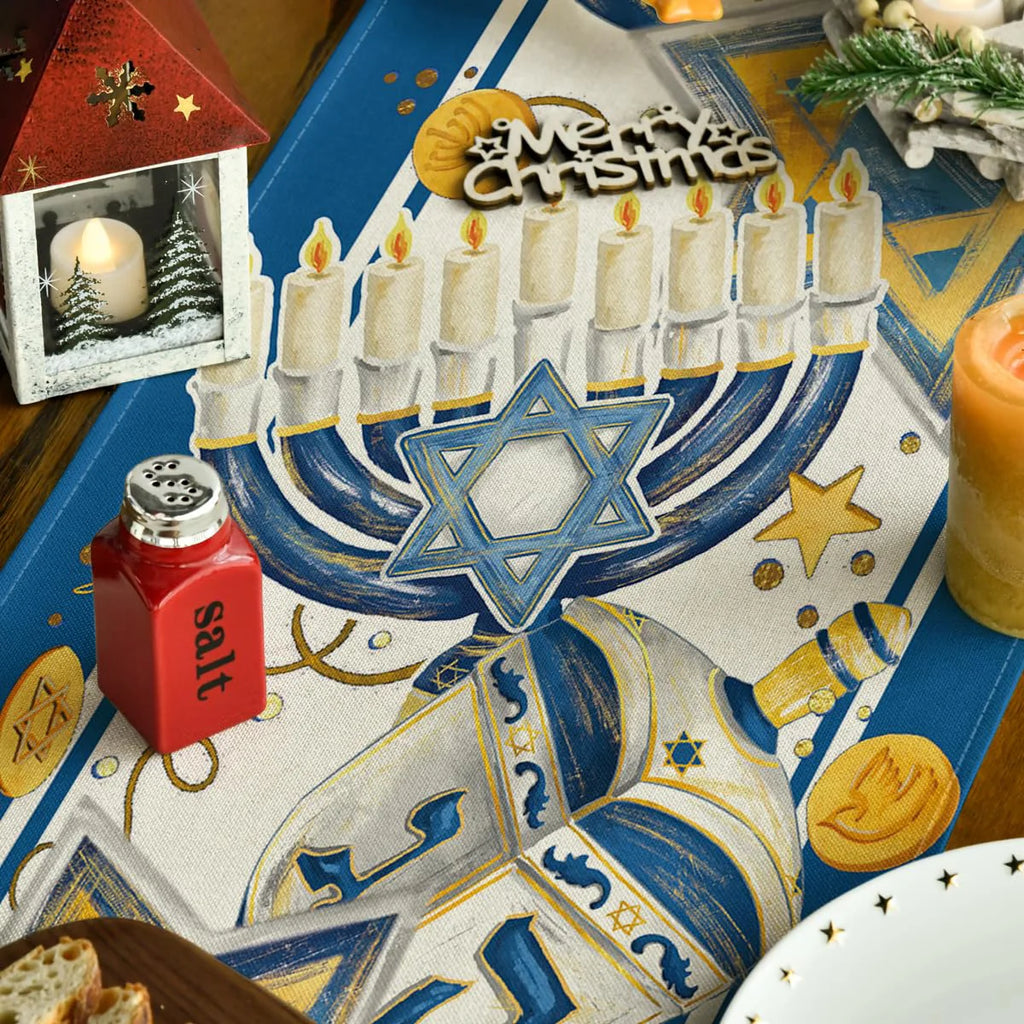 Menorah Hexagram Dreidel Hanukkah Table Runner, Chanukah Holiday Kitchen Dining Table Decoration for Home Party Decor