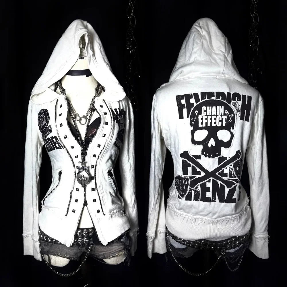 White Womens Autumn Winter Jacket Y2K Gothic Emo Slim Fit Sweatshirt Rivet Zipper Hoodie Harajuku Vintage Skull Graphic Print