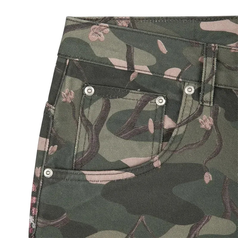 Mens Jeans Y2K Sakura Embroidery Camo Denim Pants Harajuku Unisex