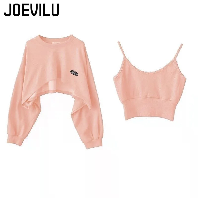 Oversized Crop Sweatshirt and Spaghetti Strap Top Women's Streetwear 2 Piece Set 4 Color Options Sweatshirts Kpop Casual Clothes