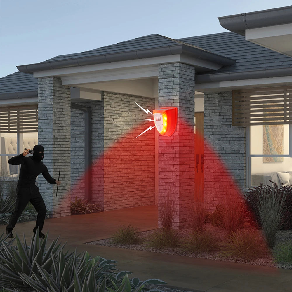 Solar Motion Sensor Alarm 129dB Siren 125° Detection 5-8m Range Weatherproof for Home Shed Garage Security Outdoor Protection