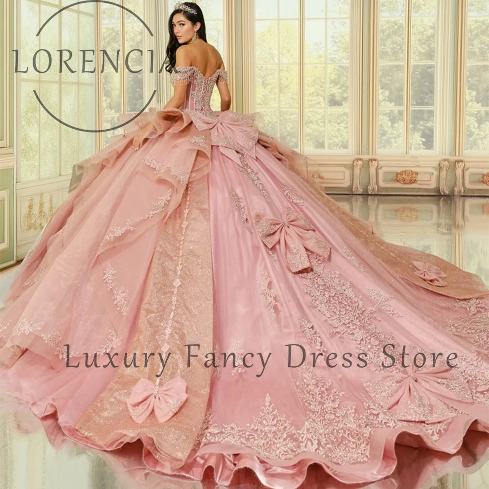 Princess Applique Quinceanera Dresses Bows Ruffles Sweet 16 Birthday Ball Gowns Customized Crystal Tulle vestidos de novia