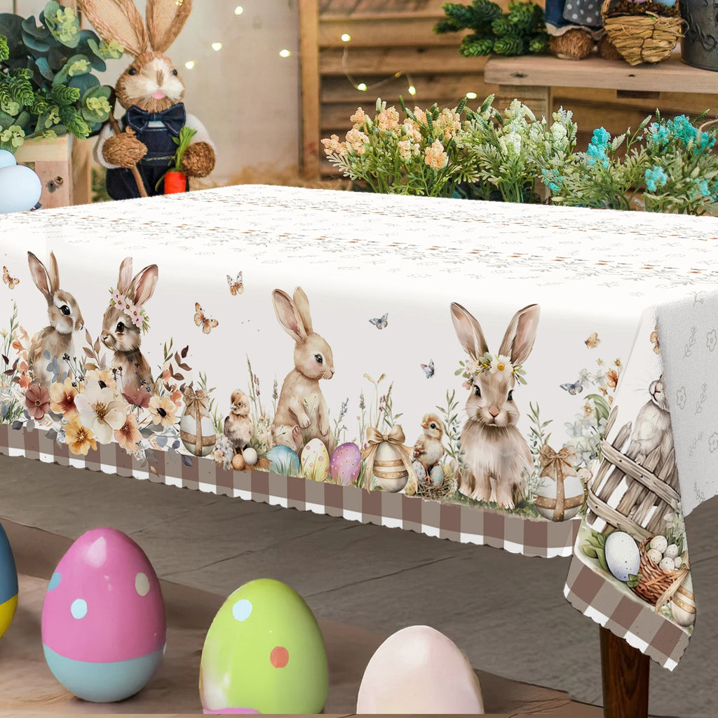 Cute Easter Themed Grey Rabbit Tablecloth - 1pc Spring Floral Print with Embossed Edge, Spring Outdoor Garden