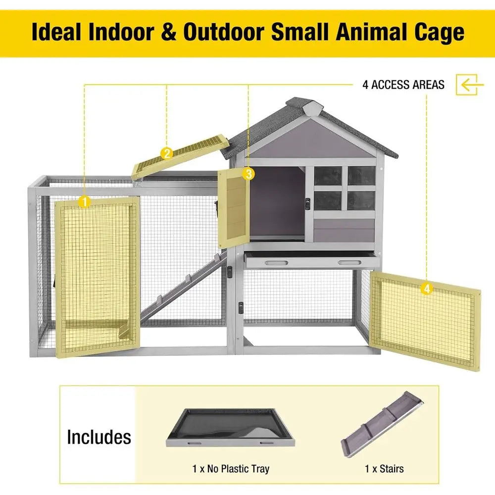 Large Outdoor Indoor Rabbit Hutch with Pull-Out Tray for Chickens, Bunnies, and Guinea Pigs (51.6L x 25.2W x 36.2H, Grey)