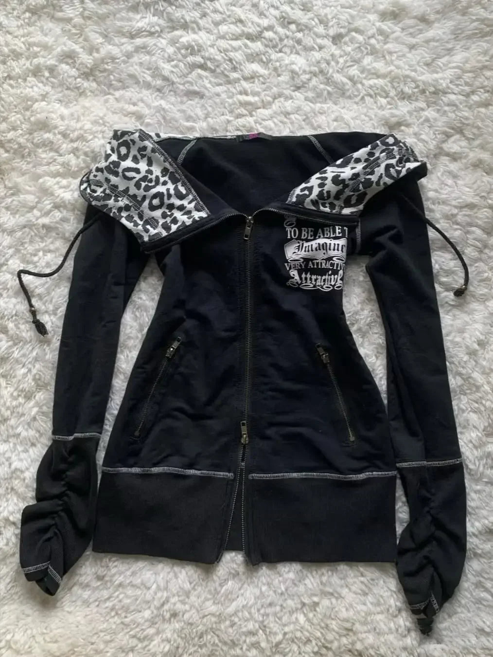 American retro casual hooded sweatshirt jacket for women leopard print stitching design slim hot girl sexy autumn jacket top