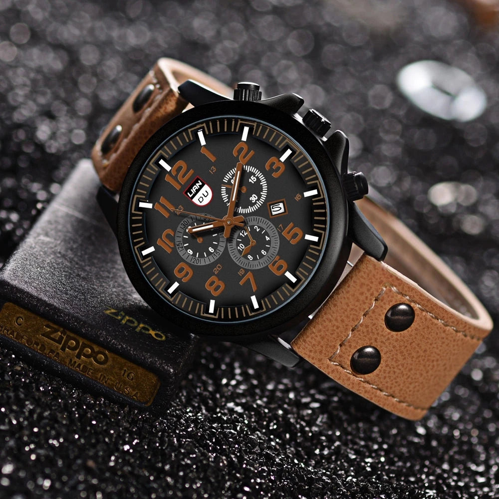 Fashion Men's Watches Casual Leather Band Quartz Watch Male