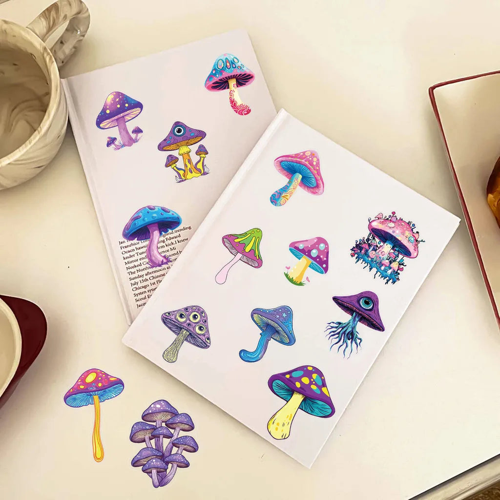 50 Pcs Transparent Iridescent Mushroom Stickers - PET Decorative Decals for Notebooks, Phone Cases, Tablets, Motorcycle