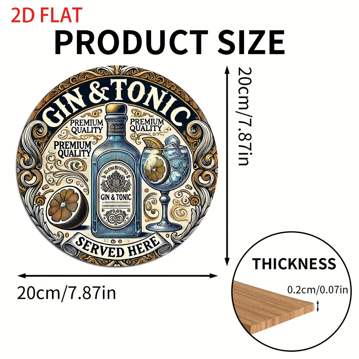 One 2D flat wooden circular sign with a retro style, "Gin and soda water are provided here" - country-style home wall decoration