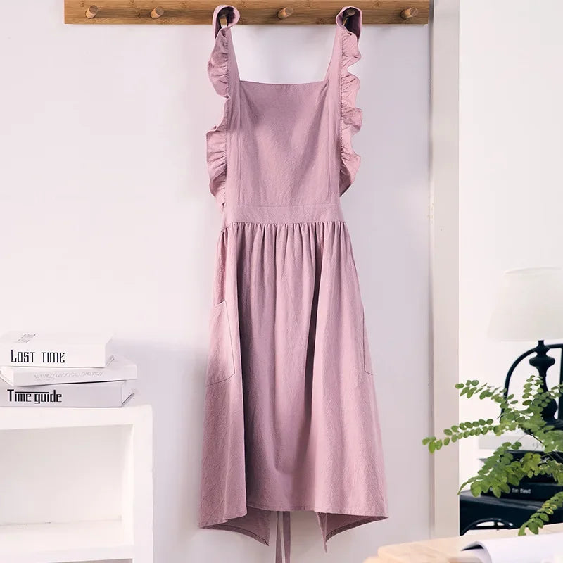 Japanese Korean Flouncing Kitchen Coffee Shop Working Falbala Apron kawaii Home Cotton Linen Pinafore with Lotus Leaf Lace
