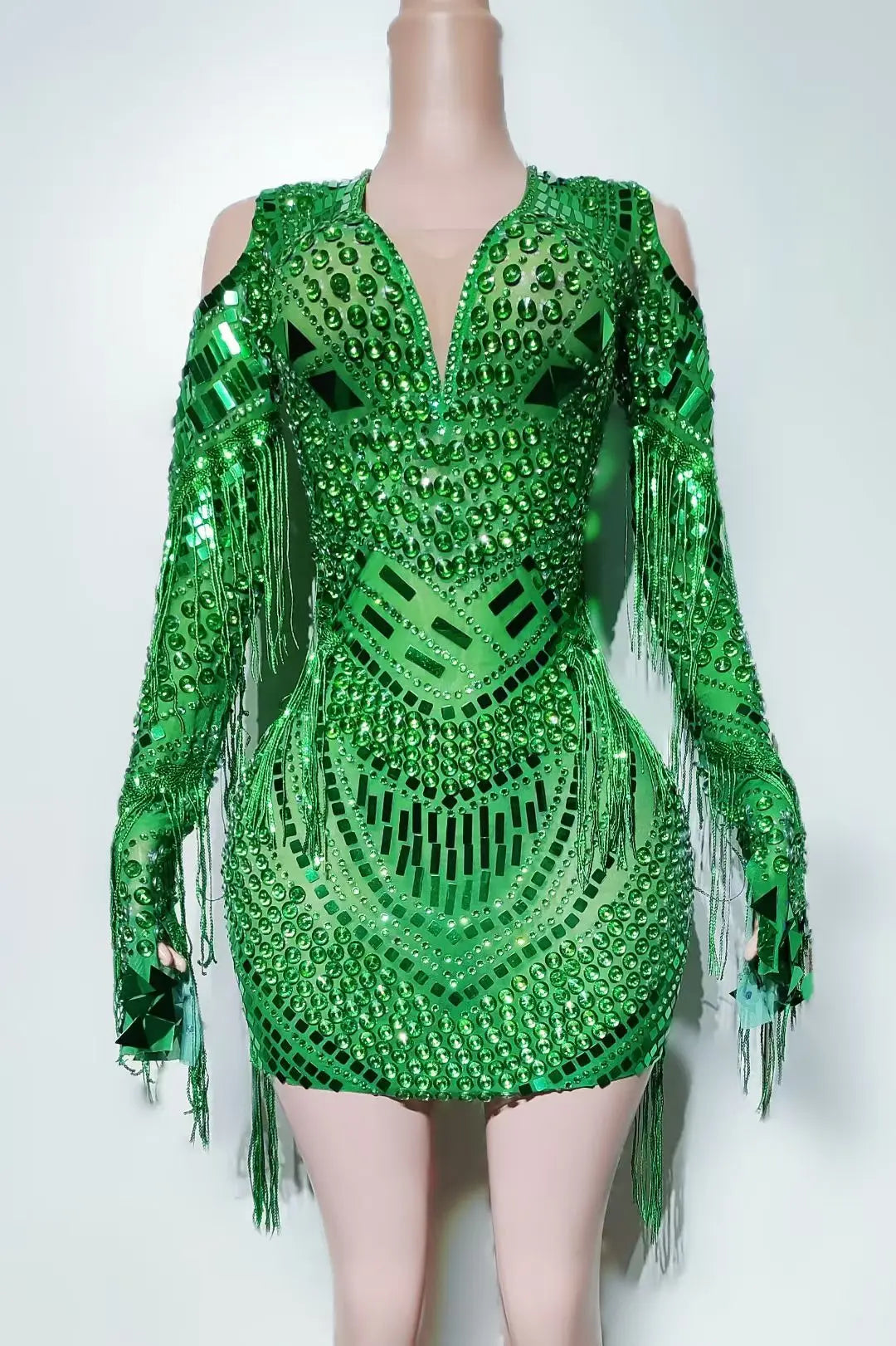 Sexy Women Full Rhinestone Sequins Tassel See Through Mesh Mini Dress Streamer Theme Party Photo Shoot Wear gig  Outfit Youzi