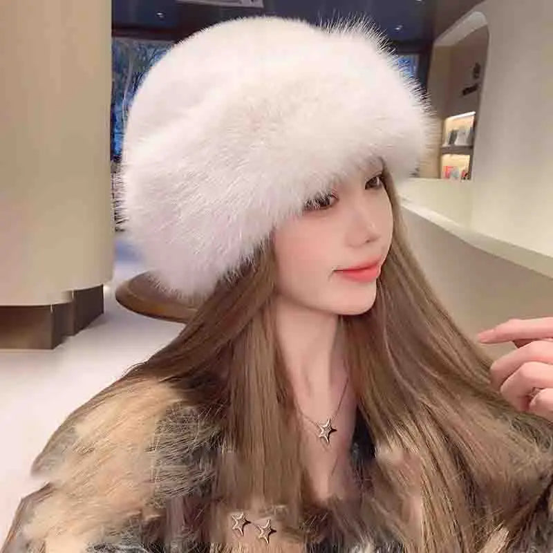 Winter Thick Warm Furry Beanies Hat Women Fashion Imitation Mink Fur Russian Cap Solid Color Plush Brimless Cap Brimless Ski Hat