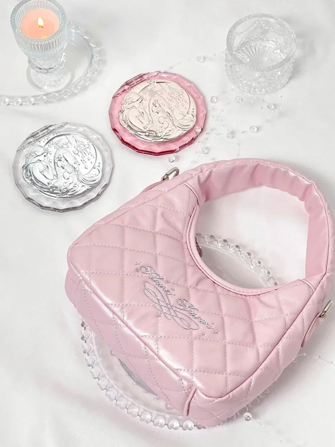 Flower Know Limited Surrounding 7th Anniversary Makeup Folding Hand Mirror Portable Makeup Storage Satchel  Bag