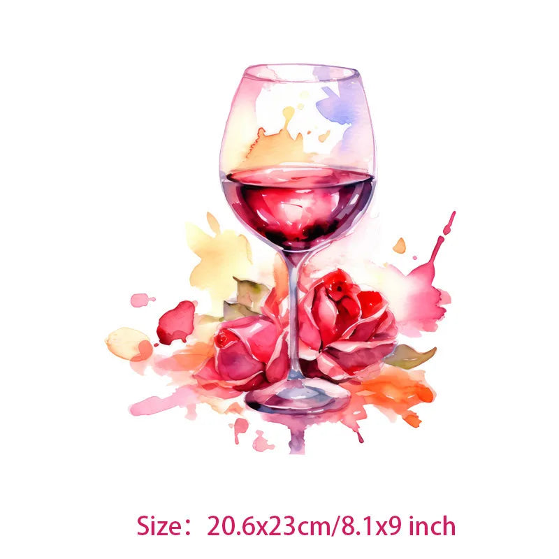 Interesting watercolor wine Glass flower Heat Transfer On Children's clothing dtf transfers ready to press iron on heat transfer