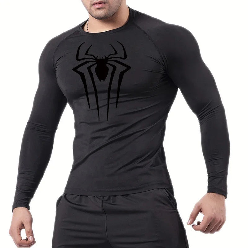 Spider Print Long Sleeve Compression Shirts for Men Gym
