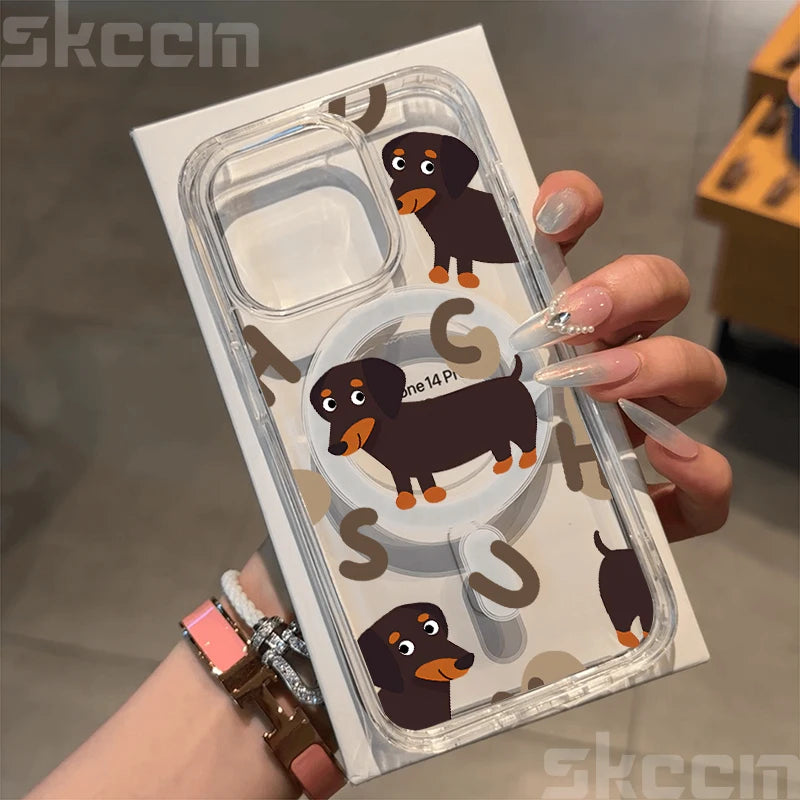 Cute Dachshund Bulldog Pattern Magnetic Phone Case For iPhone 17 16 15 14 13 12 11 Pro Max 16E X XS XR Clear Hard Cover