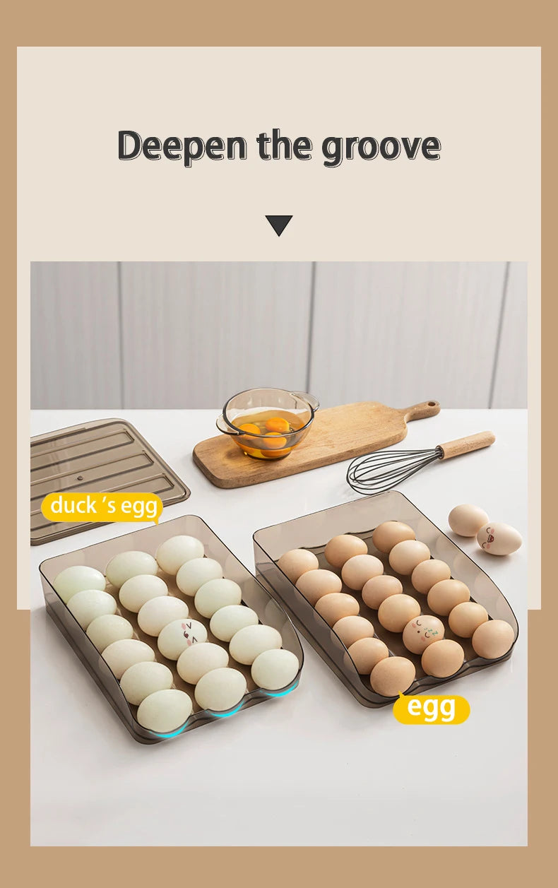 Automatic Slide Egg Storage Box Transparent Drawer, Stackable Rolling Eggs Rack Egg Tray Holder Basket, Kitchen Fridge Organize