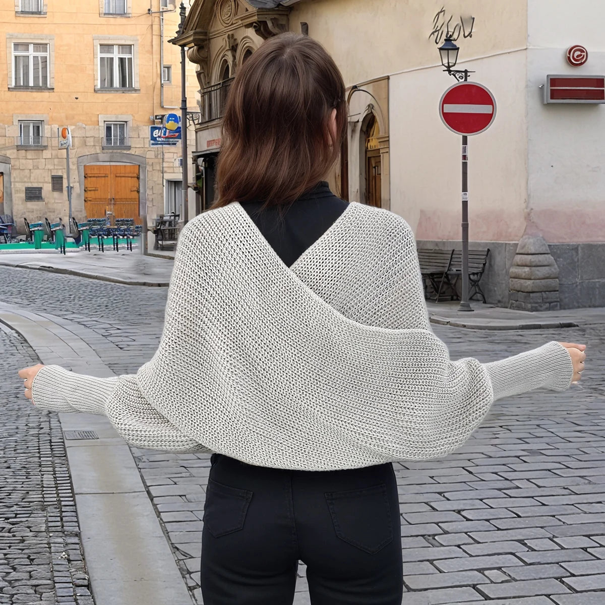 Woman Knitted Shawl Scarf With Long Sleeve Autumn Winter Outdoor Warm Soft Windproof Hollow Out Crop Top Shawl Scarf 210*33cm