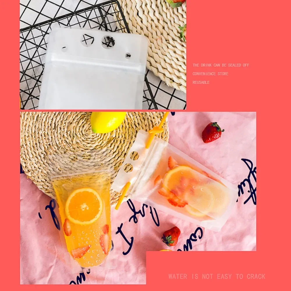 50Pcs Clear Plastic Drinking Packaging Bag Food Fresh Keeping Transparent Beverage Juice Milk Coffee Pouch Zip Bag Without Straw