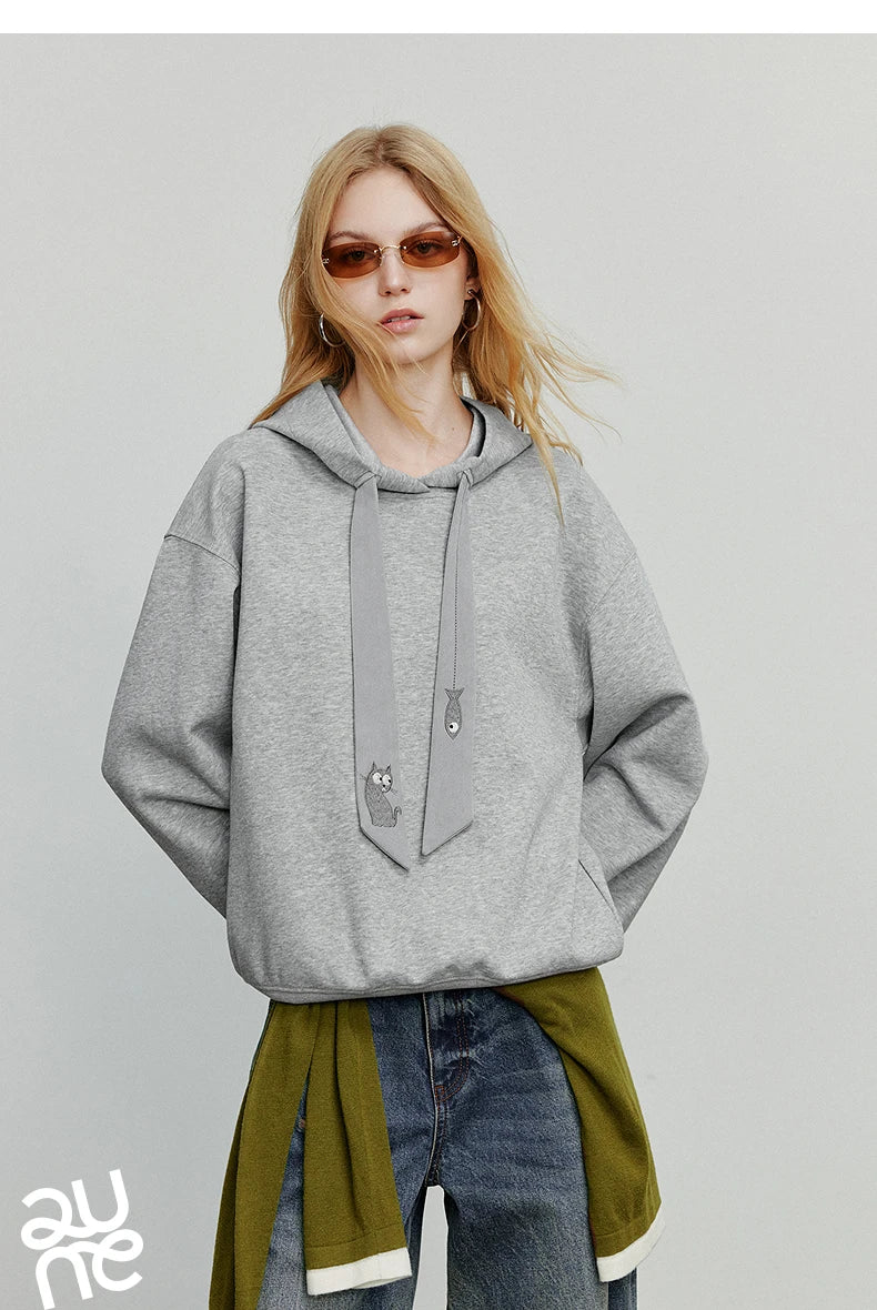 TOYOUTH Women Hoodies Sweatshirt 2025 Autumn New College Style Cat Embroidery Tie Cotton Hooded Pullover Tops
