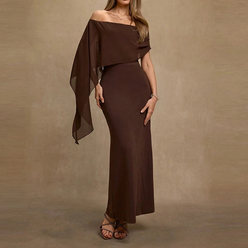 Fashion High Waist Temperament Long Dress Elegant Irregular Solid Party Dress Sexy Off Shoulder Draped Wrap Hips Dress
