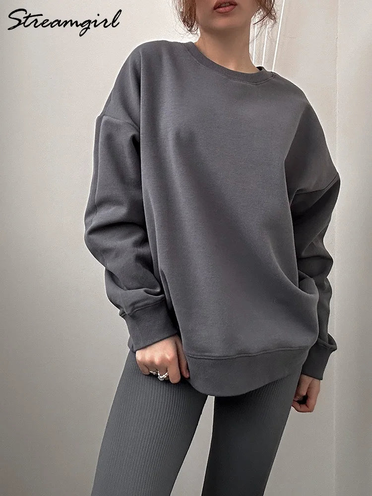 Autumn Oversized Sweatshirts Women Cotton Loose Pullovers Red O Neck Warm Sweatshirt For Women Oversize Winter Clothes Fleece