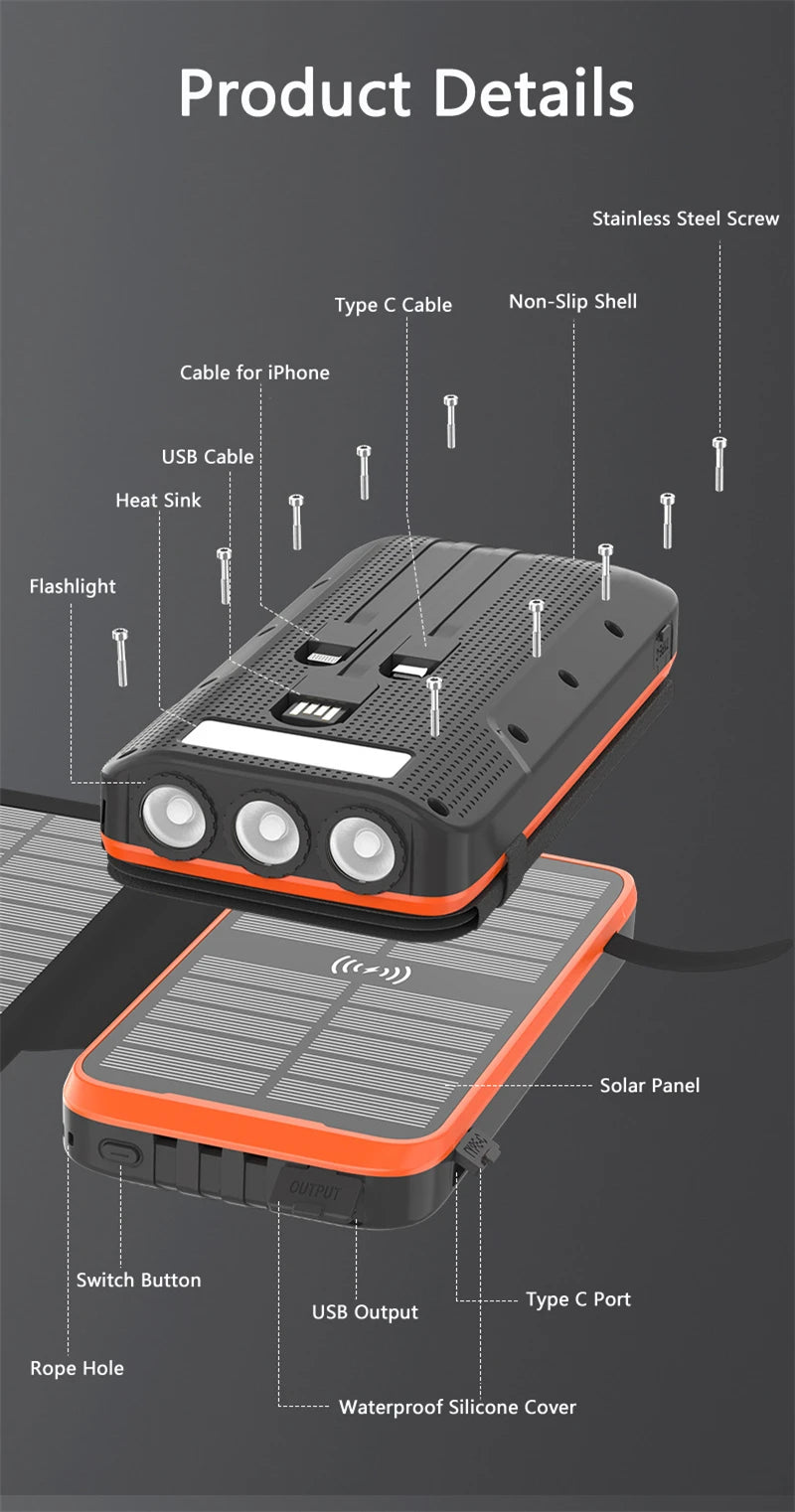 43800mAh Solar Power Bank Quick Wireless Charger External Battery Pack PD 20W Powerbank Built Cables LED Light for iPhone Xiaomi
