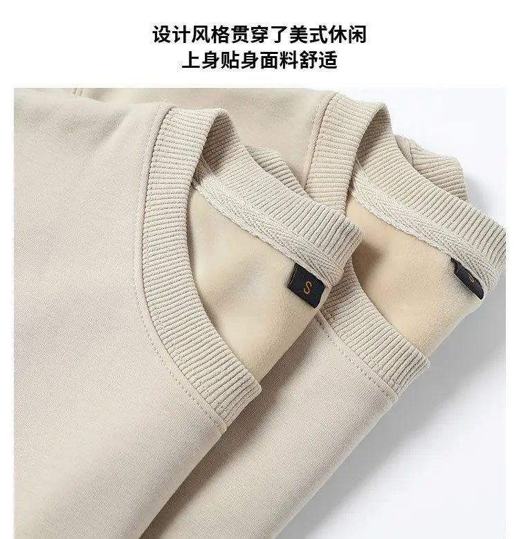 600G Pure Cotton Plush Thickened Sweatshirt Thin Plush Heavyweight Solid Round Neck Sweater Autumn Winter Warm Sweater