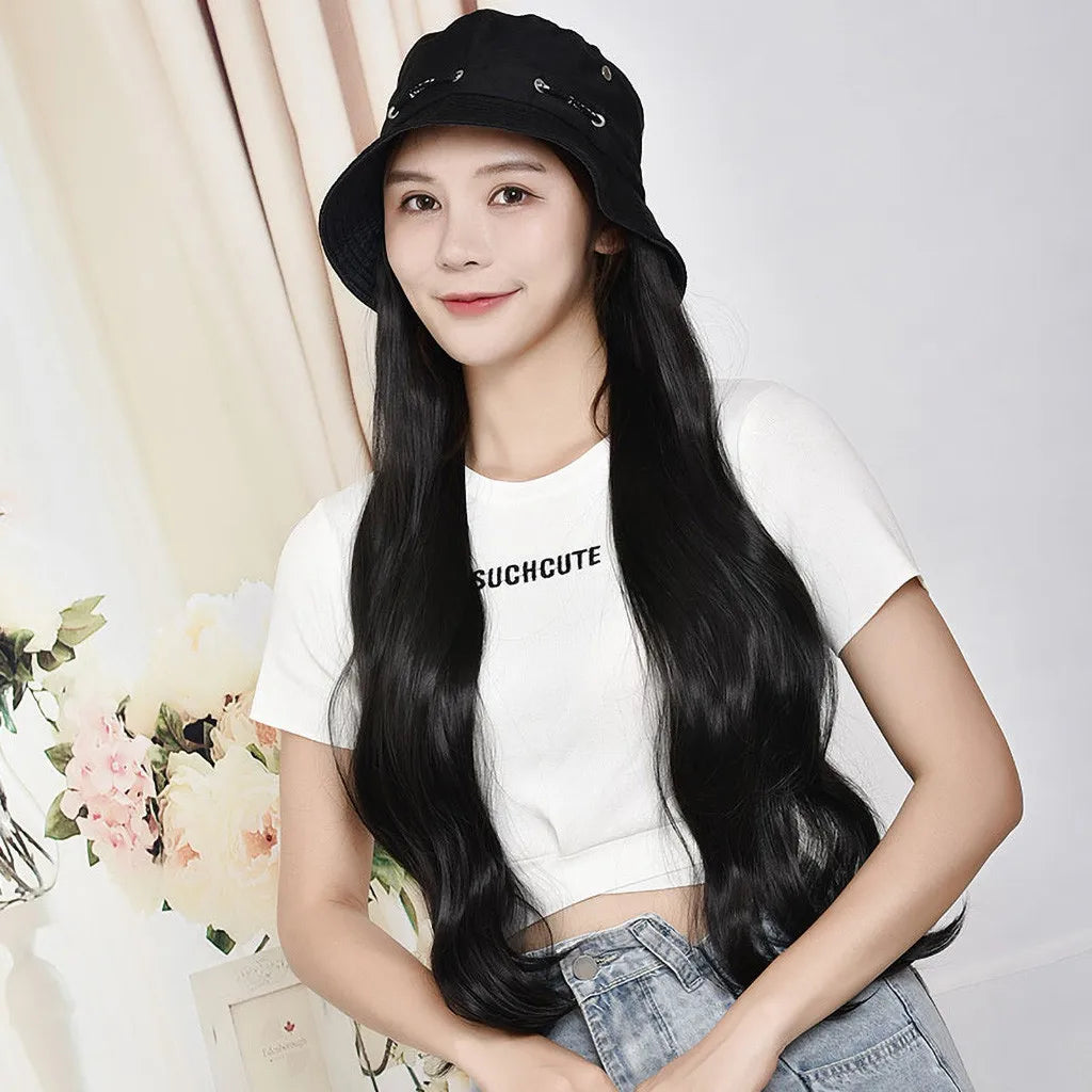 Bucket Hat Synthetic with Hair Cap Fashion Long Curly Hair Big