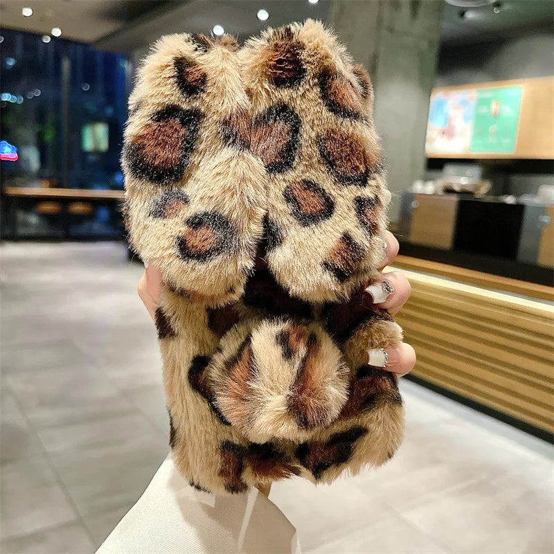 Cute Cartoon Leopard Print Bunny Fur Plush Phone Case For iPhone 17 Air 16 13 12 11 Pro Max XS XR X 7 8 Plus Shockproof Cover