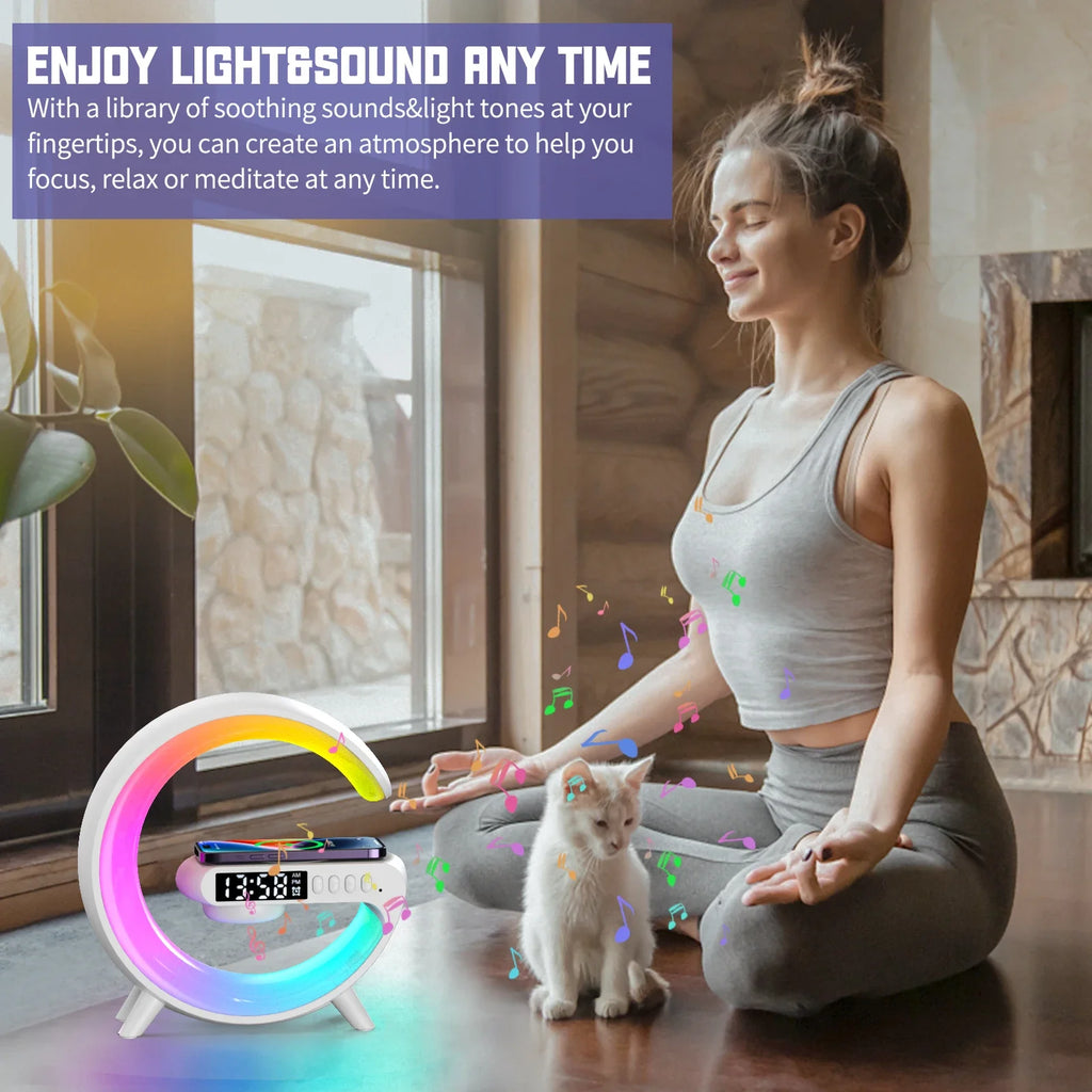 Wireless Charger Pad Stand Bluetooth Speaker TF RGB Atmosphere Night Light 15W Fast Charging Station For iPhone Samsung Xiaomi