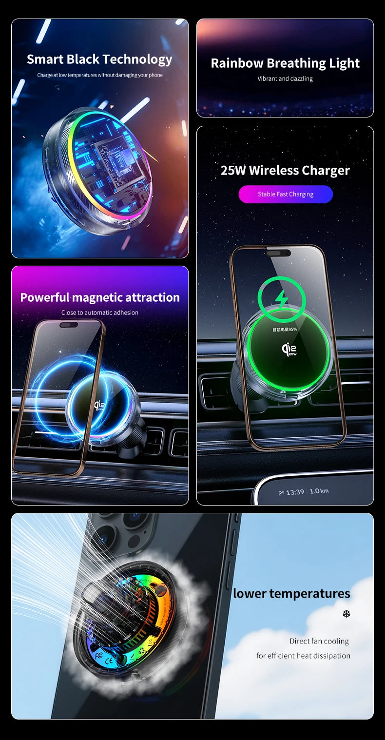 Air Cooling Car qi2 25W Magnetic Wireless Charger RGB Light  Phone Holder For Magsafe iPhone 17 16 15 14 13 12 Fast Charging