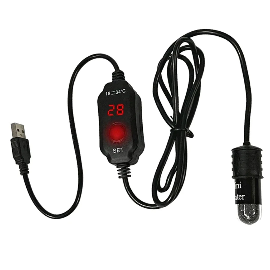 10W Adjustable Aquarium Heater Rod 18-34°C Mini USB Submersible Thermostat Heater with Digital Display for 1 to 5L Fish Tanks