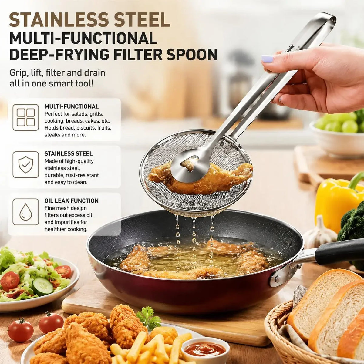 Stainless Steel Fine Mesh Strainer Spoon with Clip Multifunctional Kitchen Colander Skimmer for Frying Oil Filtering Salad Barbecue Serving Heat Resistant Cooking Gadget Home Dining Bar Supplies Everyday Use Gift