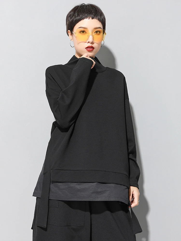 [EAM] Loose Fit Asymmetrical Big Size Sweatshirt New High Collar Long Sleeve Women Big Size Fashion Spring Autumn 2026 19A-a124