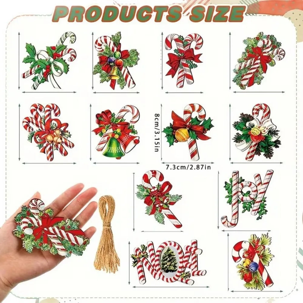 12 Pcs Wooden Christmas Tree Ornaments Cute Candy Cane Bow Bells Hanging Pendants Fun Xmas Holiday Decorations Accessories