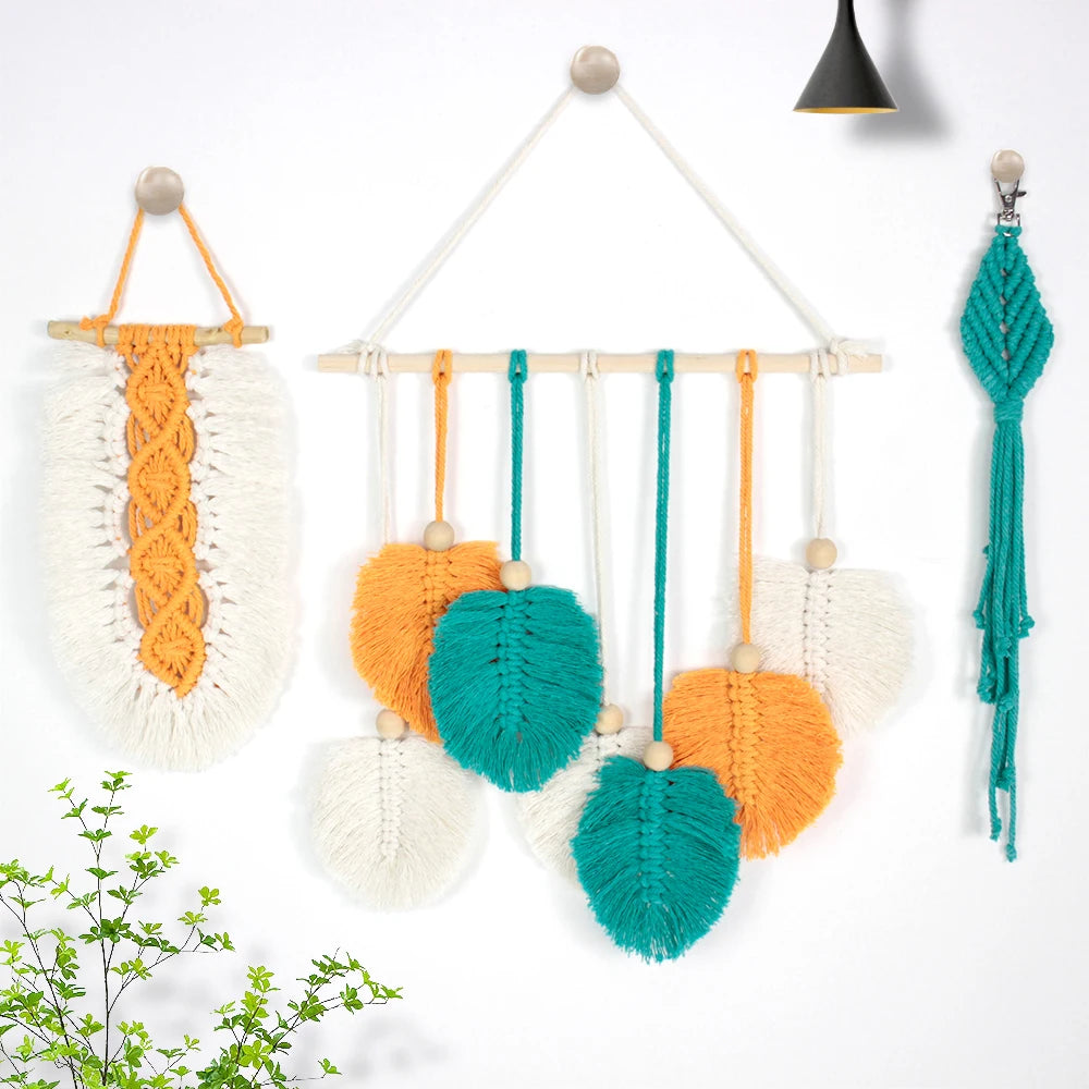 Leaf Tapestry Keychain Macrame Kit with Tutorial For Beginners Handmade DIY Key Chain Wall Hanging Knitted Kit for Home Decor