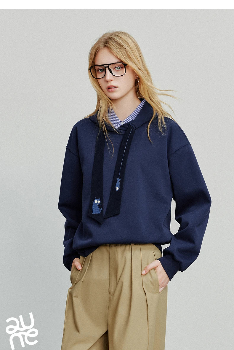 TOYOUTH Women Hoodies Sweatshirt 2025 Autumn New College Style Cat Embroidery Tie Cotton Hooded Pullover Tops