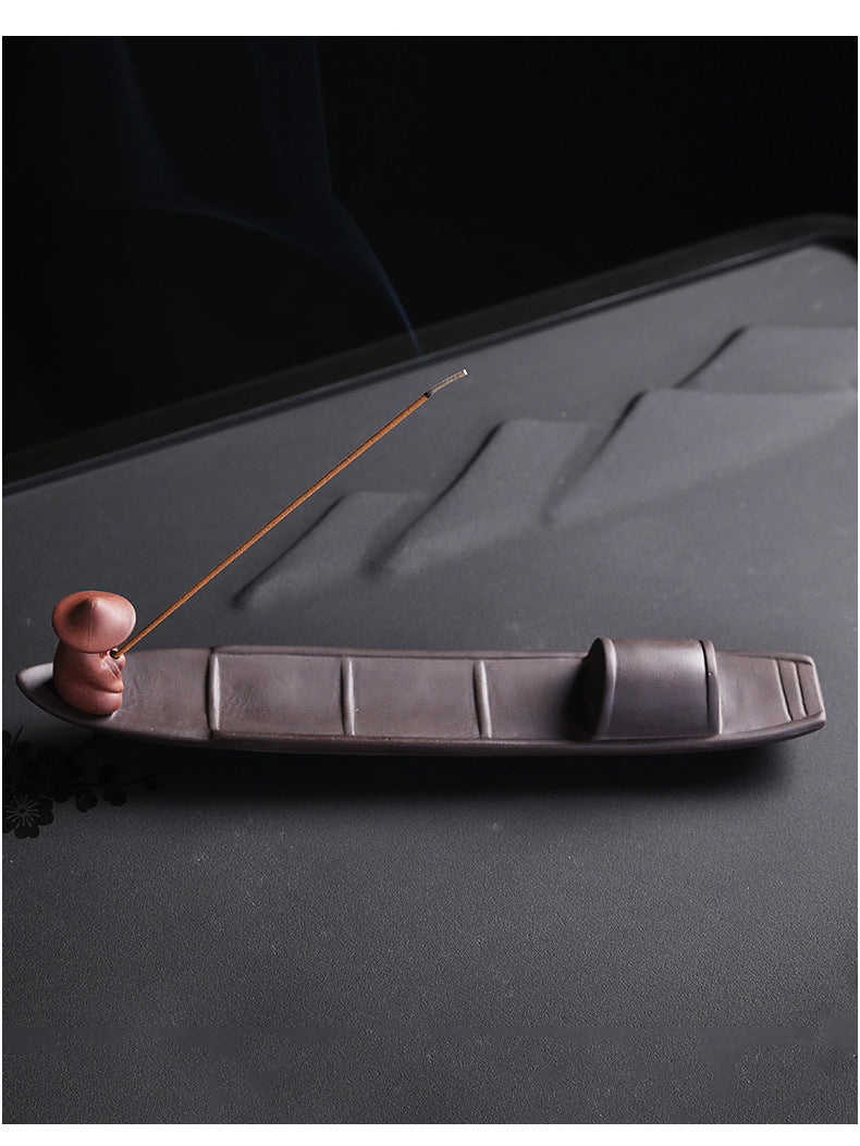 1pc Incense Stick Holder, Zen Meditation Purple Clay Fisherman Fishing Incense Stick Holder Home Decor (Without Incense)