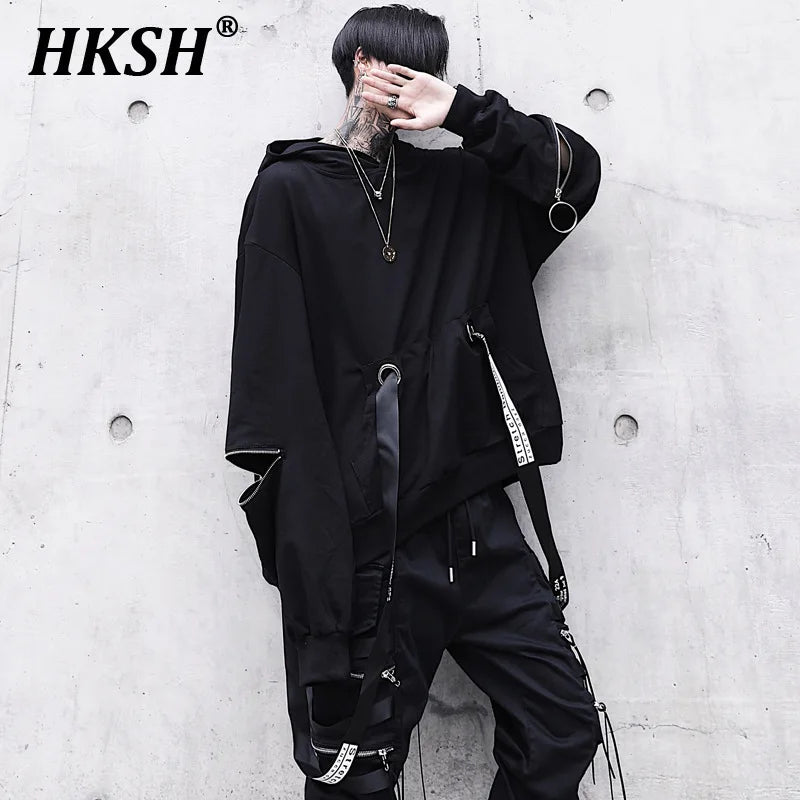 HKSH Spring Autumn New Outfit China-Chic Dark Ribbon Zipper Men Tide Dark Hooded Sweatshirt Original Punk Ins Cargo Pants HK0531